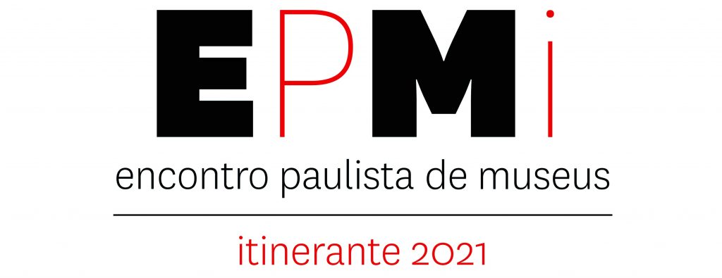 Imagem ilustra o logotipo do Encontro Paulista de Museus Itinerante de 2021, com as siglas E, P, M, i, com o nome do evento transcrito abaixo.