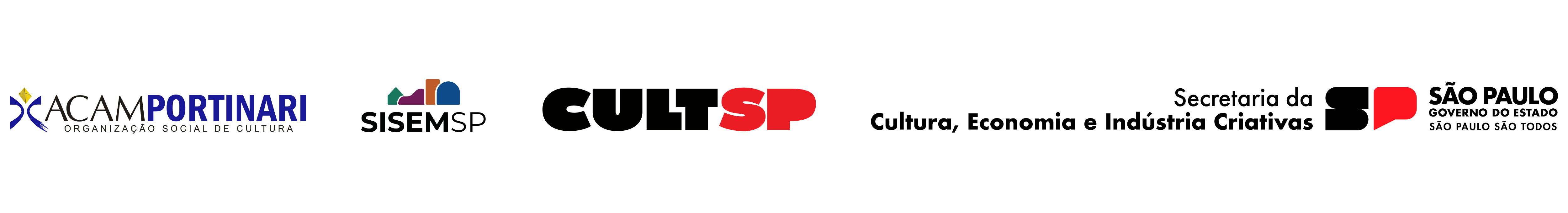 Régua de logos com logo da ACAM Portinari, SISEM-SP e Secretaria da Cultura, Economia e Indústria Criativas - Governo do Estado de São Paulo